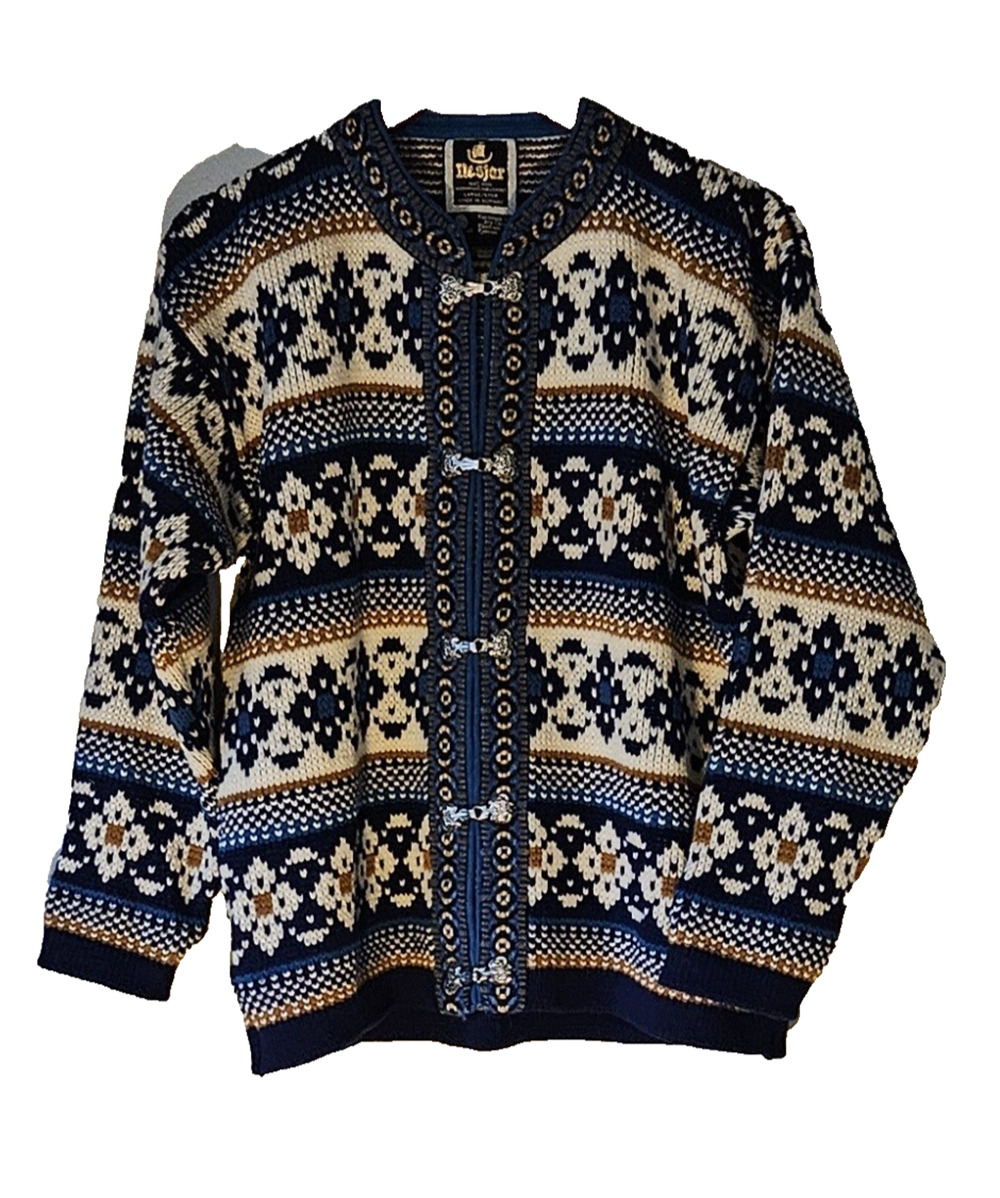Vtg Nesjar Nordic Floral Cardigan Sweater Women's Multicolor 100% Wool Large